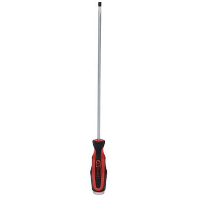 Screwdriver with red and black handle, long metal shaft, and flat end for use with slotted screws.