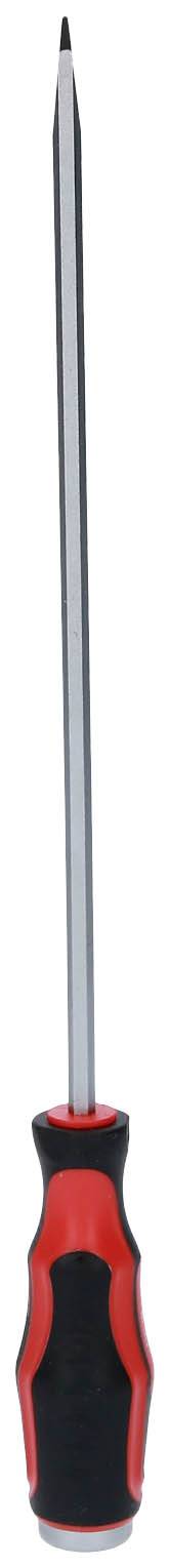 A long screwdriver with black and red handle, ideal for tightening or loosening screws in hard-to-reach places.