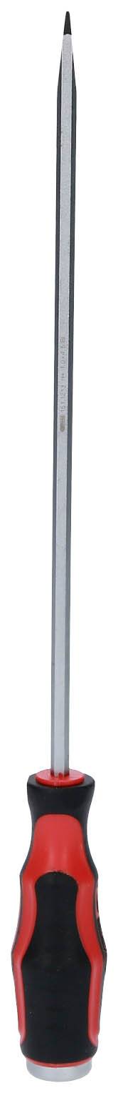 Screwdriver with black and red handle, long, thin shaft with a Phillips head tip. Suitable for Phillips head screws.
