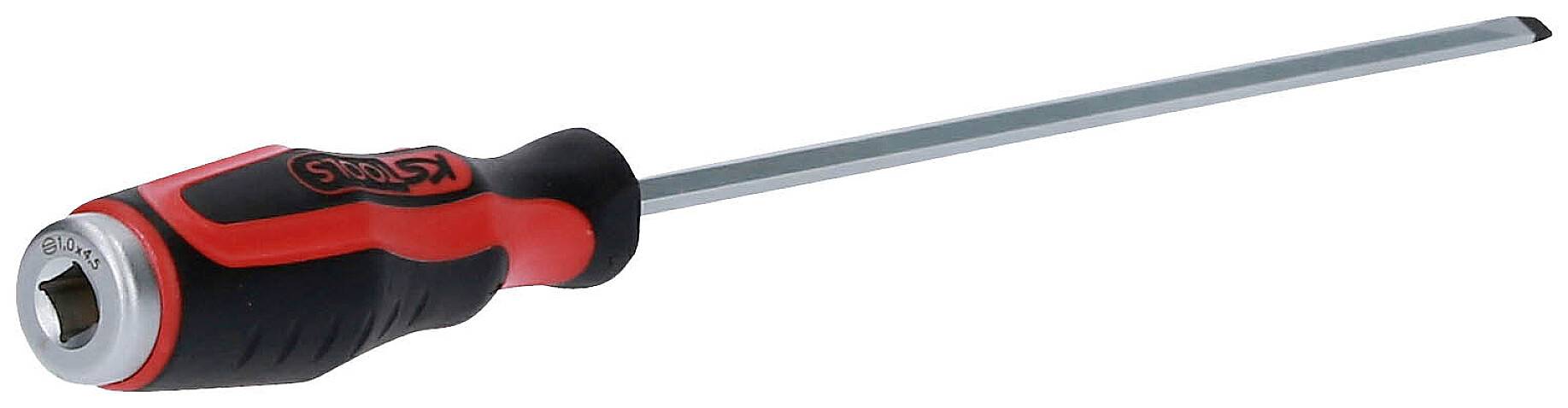 Screwdriver with red and black handle and long, silver shaft. Suitable for use with slotted screws.