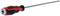 Screwdriver with red and black handle and long, silver shaft. Suitable for use with slotted screws.