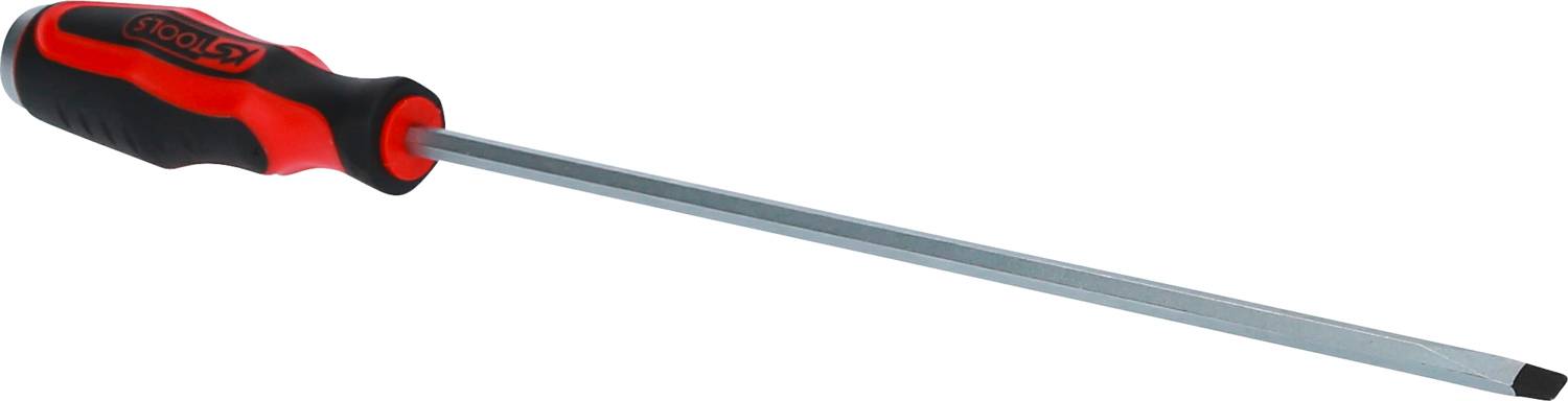 A long screwdriver with a red and black handle. The flat metal rod ends in a flat tip.