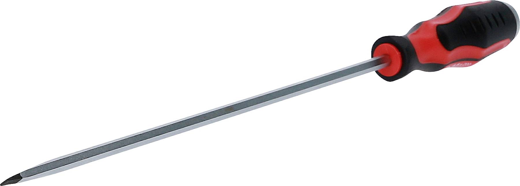 A red and black screwdriver with a long, narrow shaft and a cross-head tip is lying on a white surface.