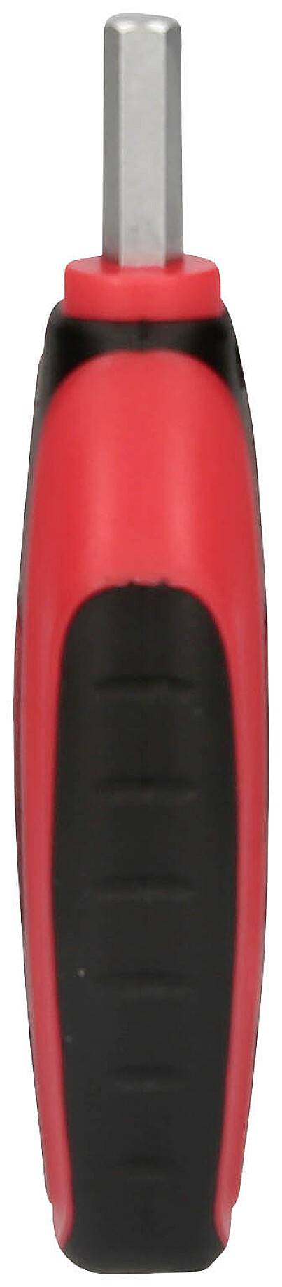 Red and black screwdriver with a hexagonal tip, vertically aligned.