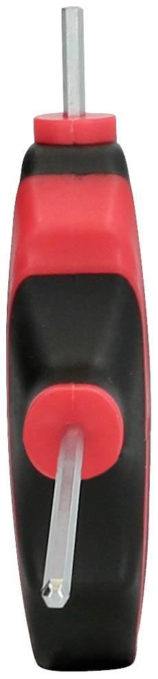 A hexagonal Allen key with a red and black handle, standing vertically, shows the metal rod.