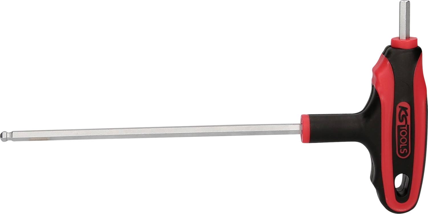 A T-handle hexagonal Allen key with a long shaft and non-slip grip.