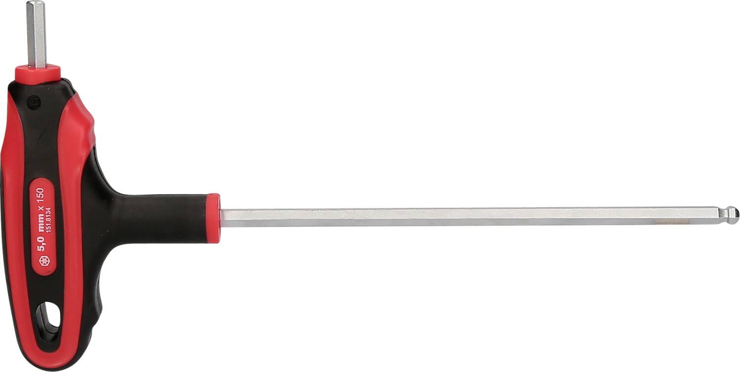 A long, grey Allen key with a T-handle in black and red, shown from the side.