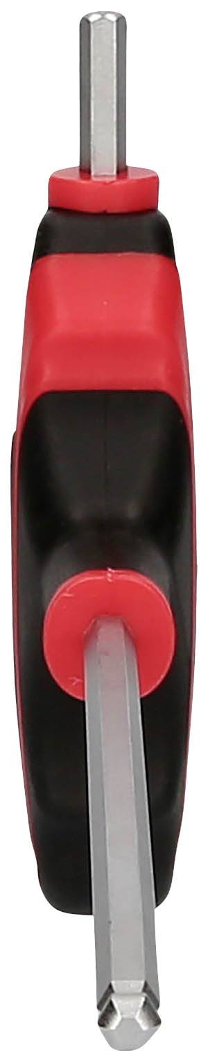 A T-shaped hexagonal Allen key with a red and black handle. The key has two hexagonal heads of different sizes.
