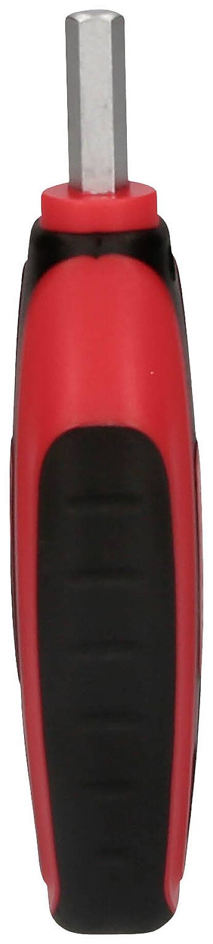 Screwdriver with red and black handle, side view.