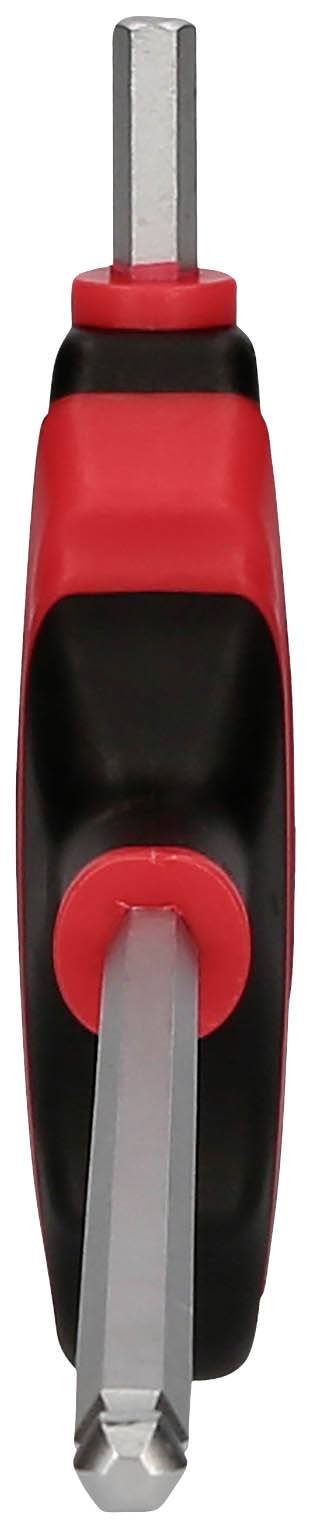 A red and black screwdriver with two different blades in a compact design, pictured from the front.