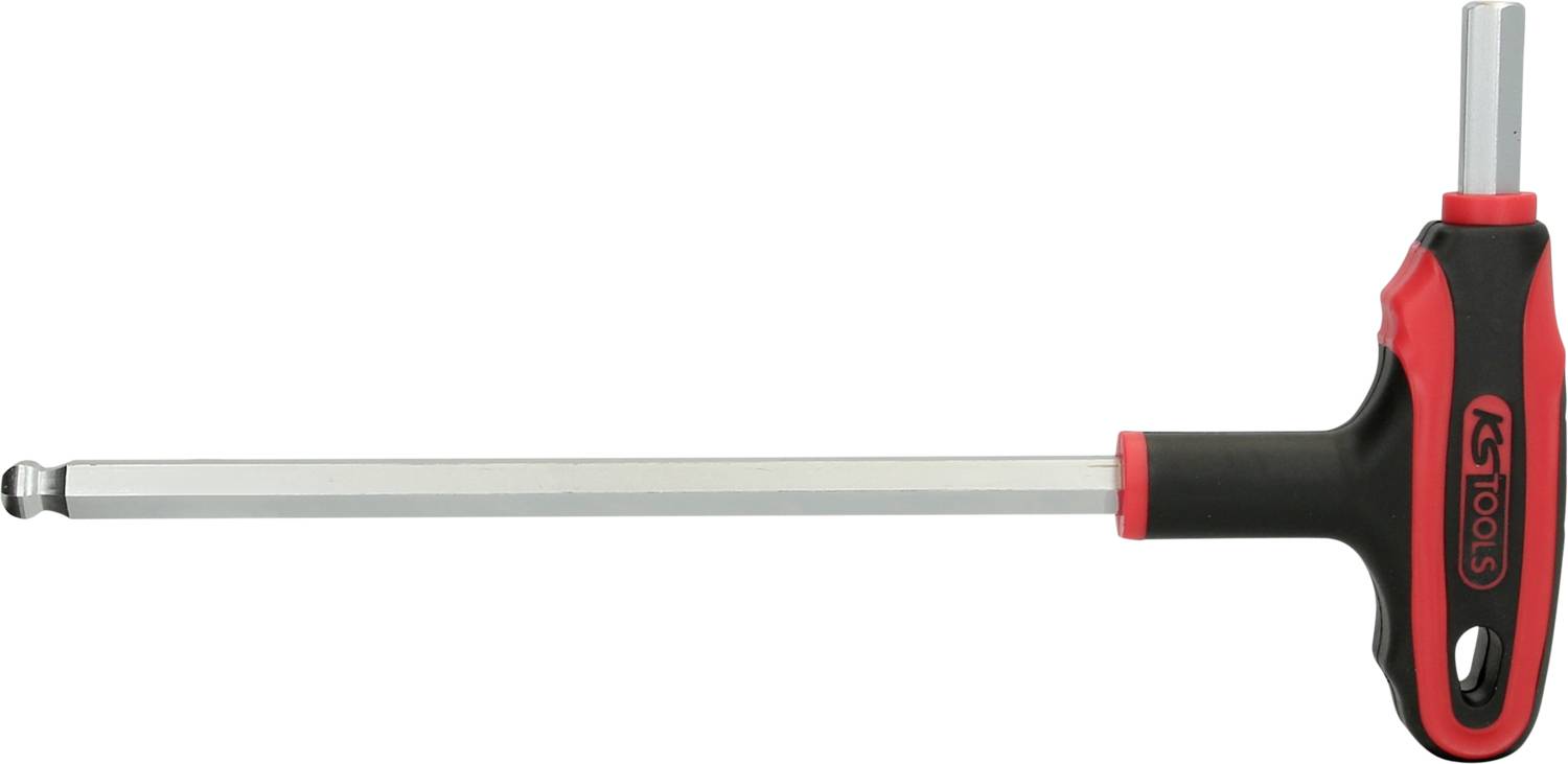 A T-handle hexagonal Allen key with a red and black grip and silver shaft, suitable for precise tightening and loosening of screws.