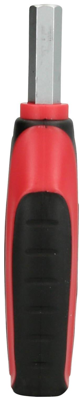 A red and black screwdriver with a hexagonal metal bit, held vertically. Suitable for tool inserts.