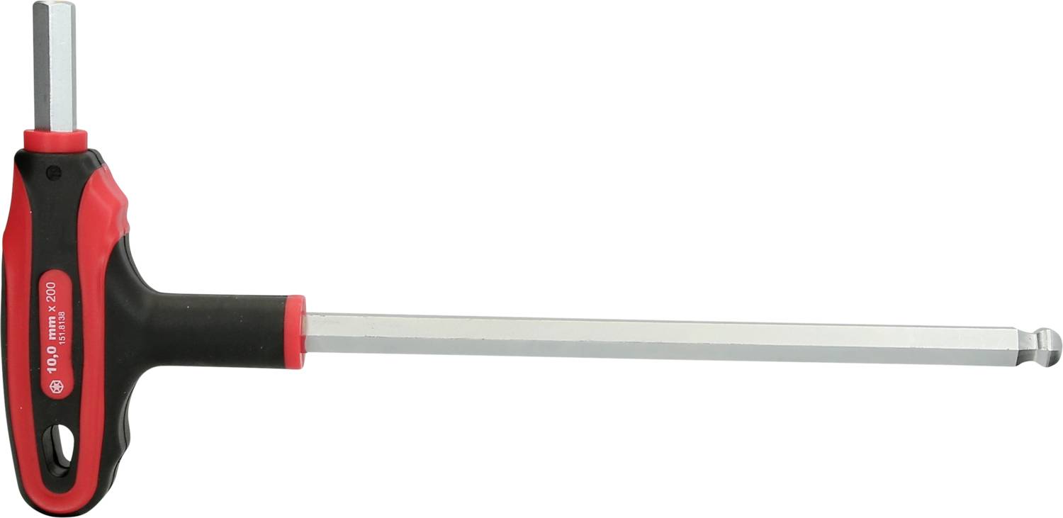 A T-handle key with a long, hexagonal shaft and black handle. The handle has red accents and a marking.