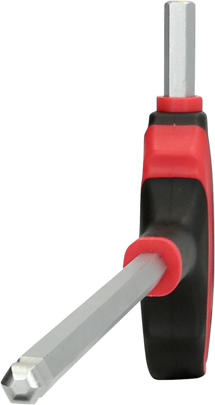 Hexagonal Allen key with T-handle in red and black, suitable for tightening or loosening screws with internal hexagonal socket.