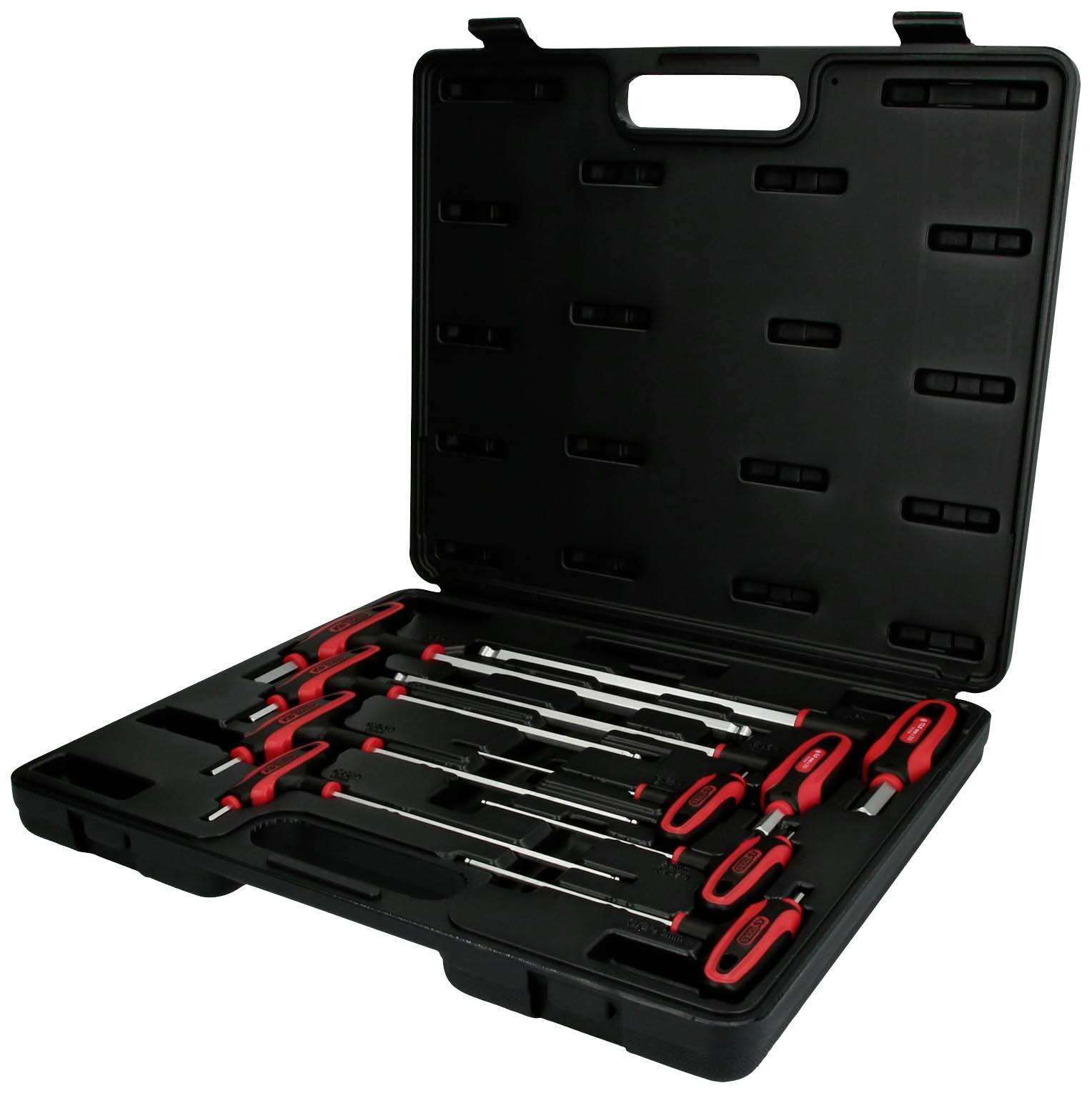 A black case contains a set of nine screwdrivers with red handles, neatly arranged in foam inserts.