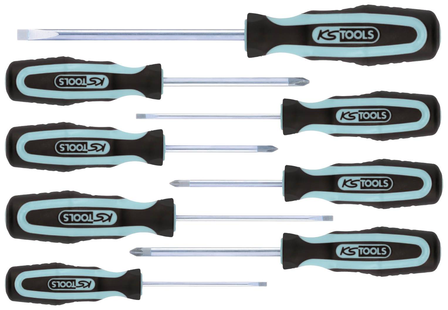 Eight screwdrivers by KS Tools with black handles and blue details, lying on a white background.