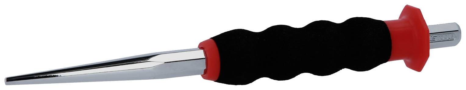 Silver metal pin with a black, ribbed handle and red tip.