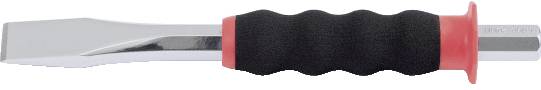 Broad, flat chisel tool with a black, non-slip handle and a red protective collar.