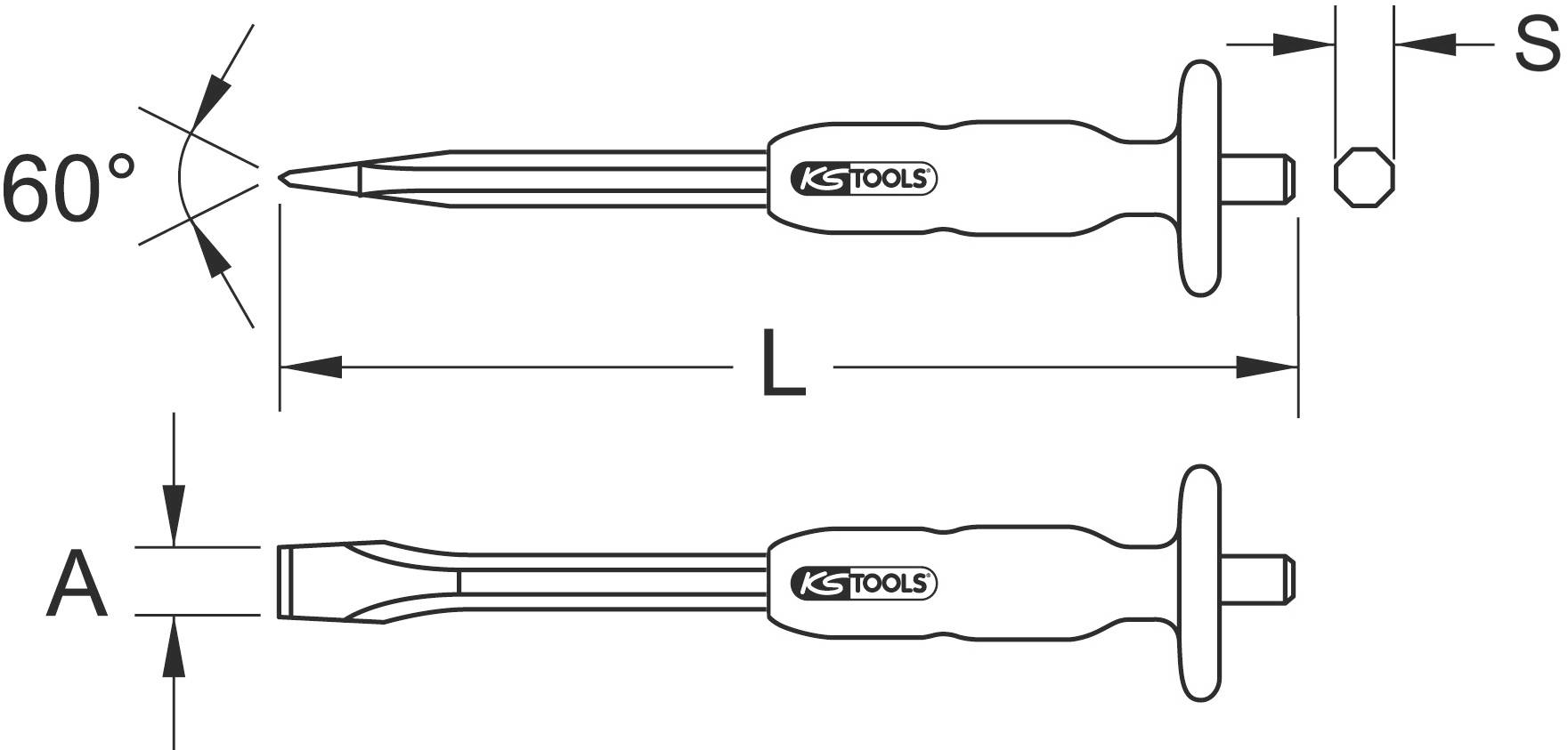 'Technical drawing of a screwdriver with dimensions: tip at a 60° angle, length (L) and two cross-sectional views marked A and S.'