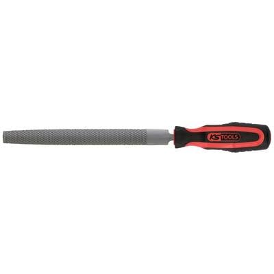 A file with grey, diamond-shaped arranged teeth and an ergonomic, black and red handle.
