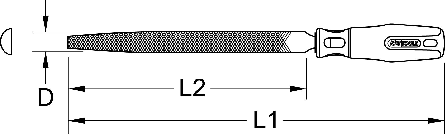 Technical drawing of a file with handle. Shows length dimensions L1 and L2 as well as diameter D.