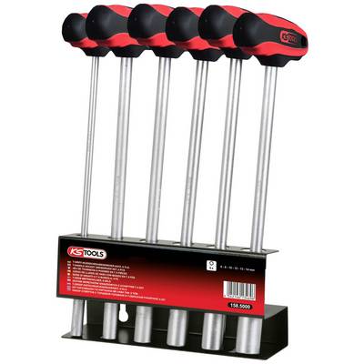 A set of six screwdrivers with red handles and silver shafts, standing upright in a black holder.