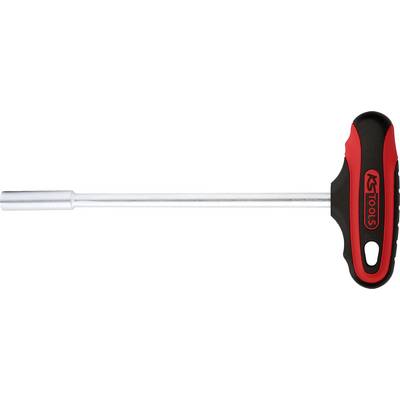 T-shaped screwdriver with metal shaft and plastic handle in red and black; tool for turning screws.