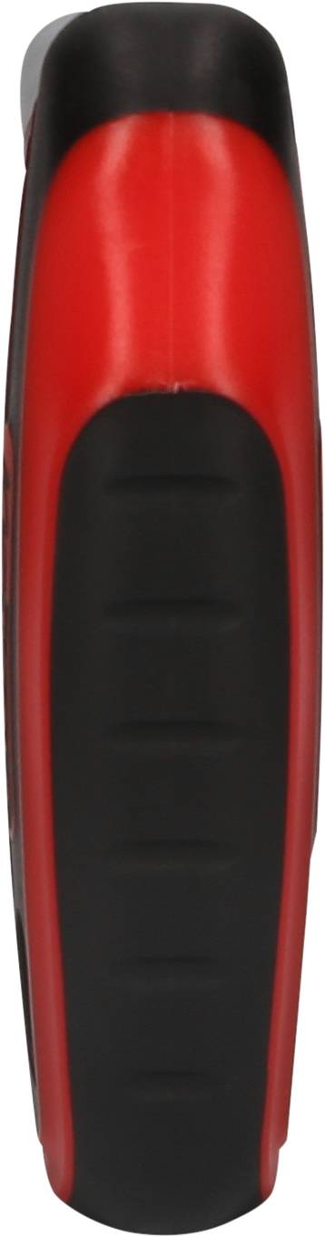 A red and black tool, viewed from the side, possibly the handle of a handheld device such as a screwdriver or knife.