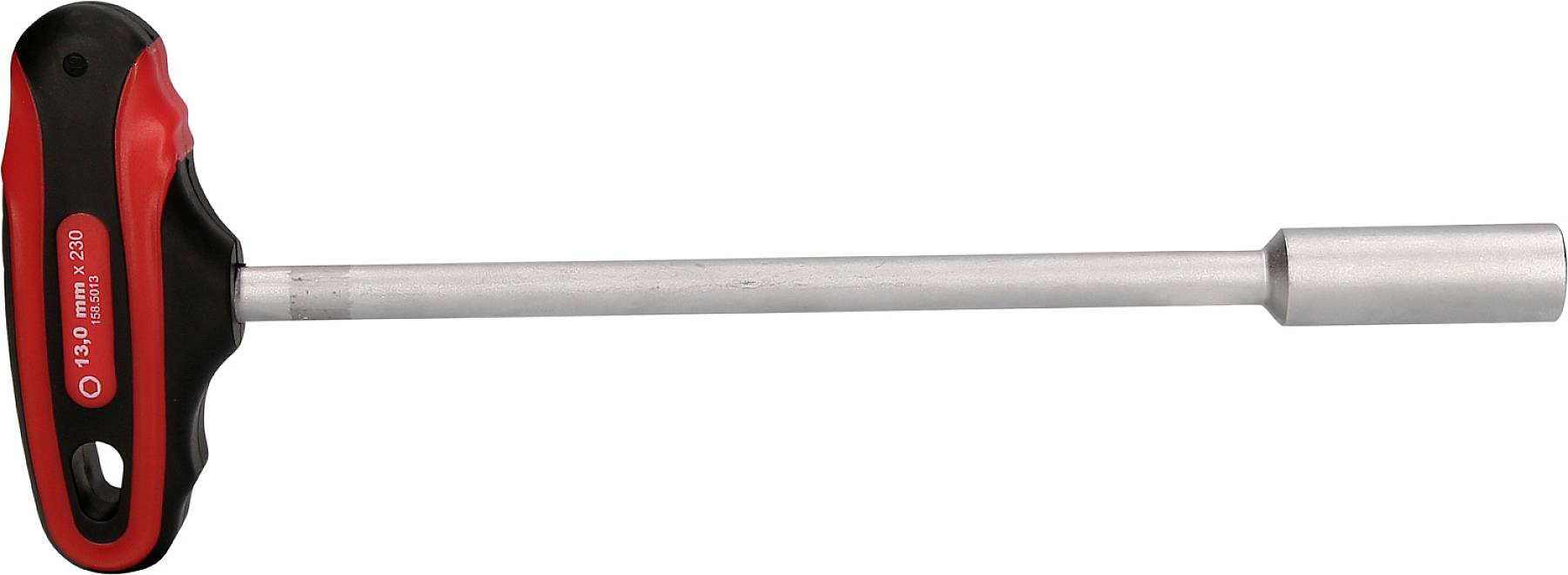 T-shaped socket wrench handle with a long metal shaft and red, ergonomic plastic grip, suitable for assembly.