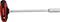 T-shaped socket wrench handle with a long metal shaft and red, ergonomic plastic grip, suitable for assembly.