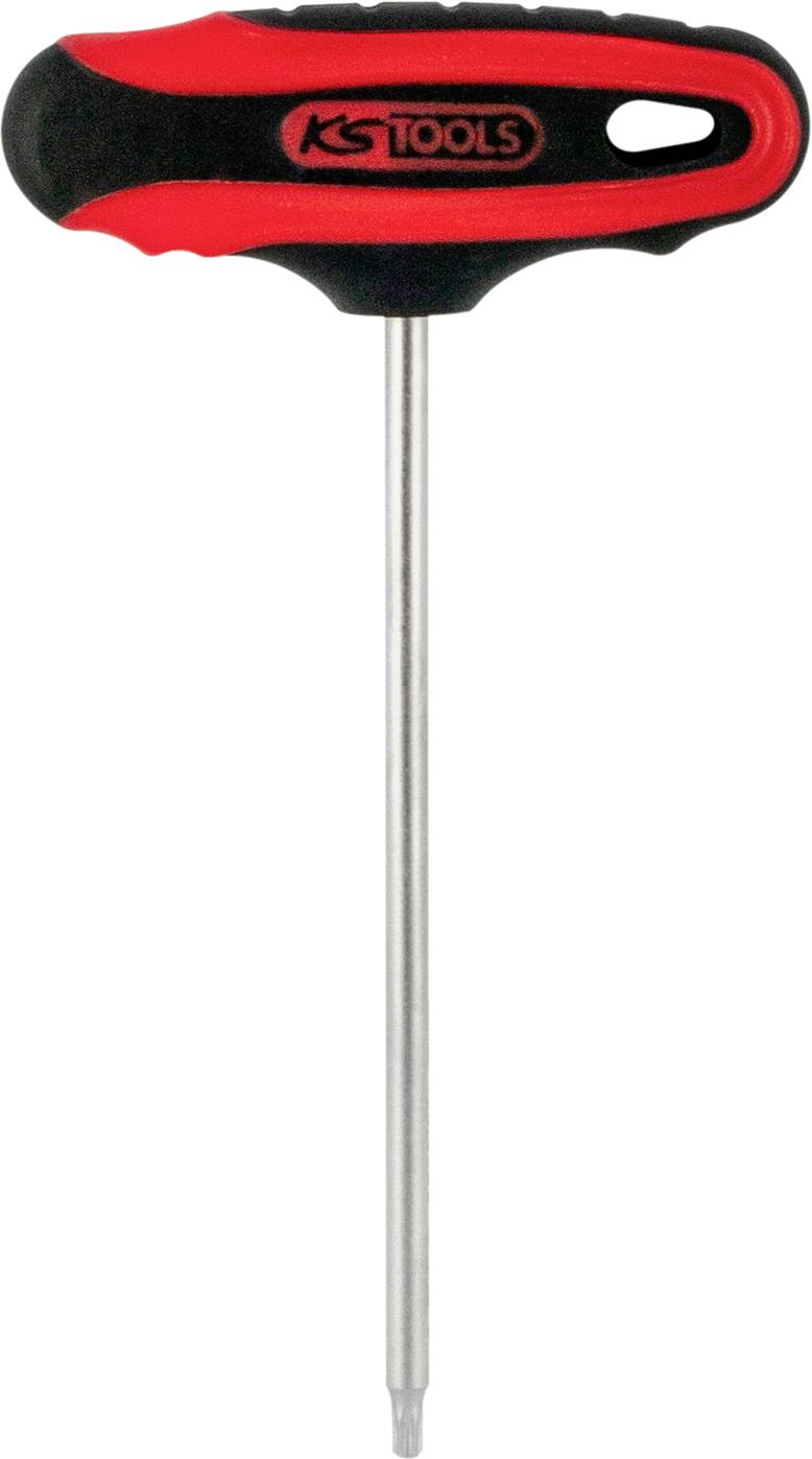 A T-handle screwdriver with a red and black grip and a long, slender metal shaft, from the brand KS Tools.