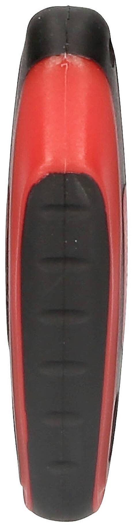 Red and black, oval, handheld object, photographed from the side, presumably a tool or measuring instrument.