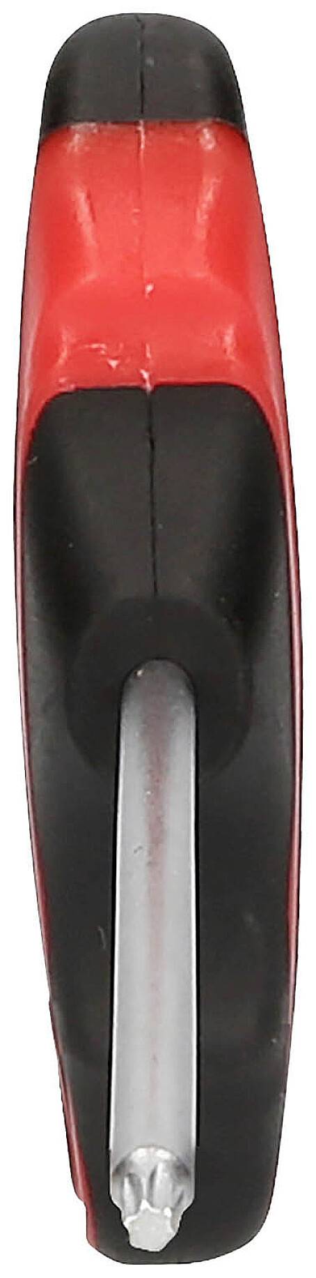 A red and black screwdriver with an ergonomic handle and a cross-head tip.