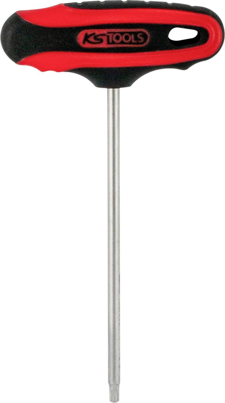 T-shaped screwdriver with red and black handle. Long metal shaft.