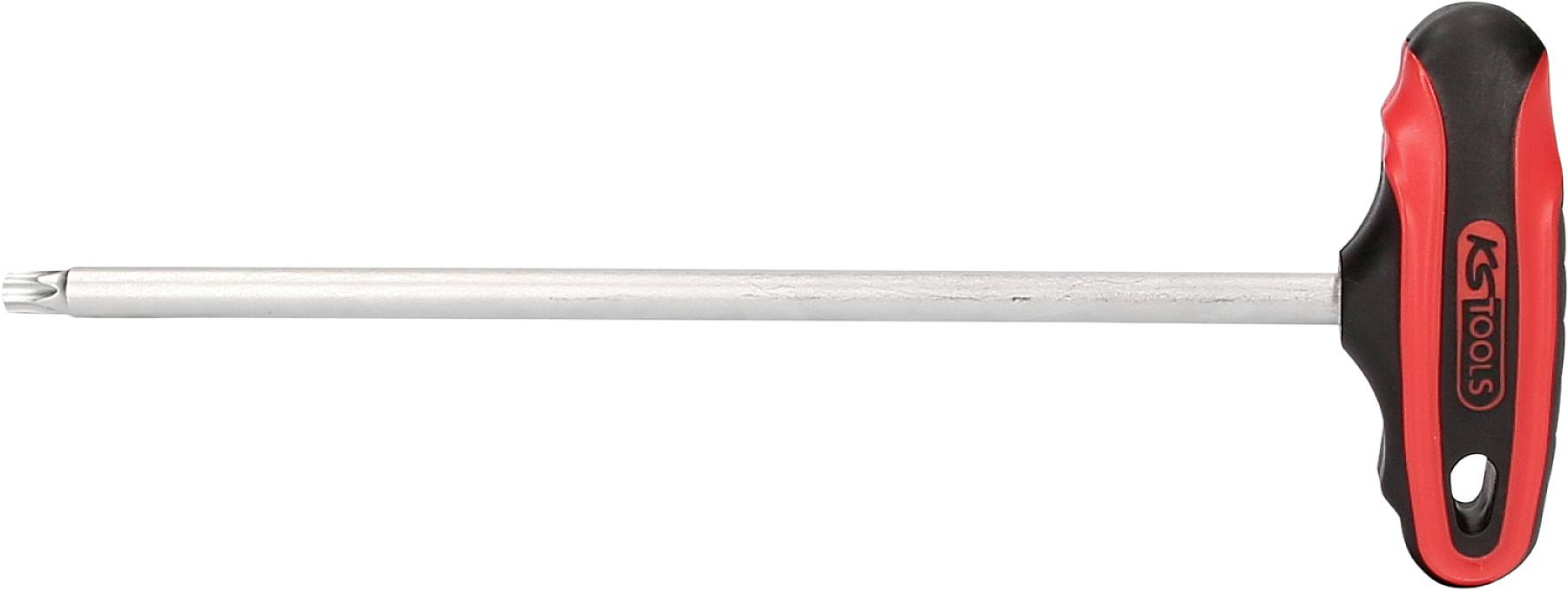 'Cross-head screwdriver with T-handle by KS Tools, long shaft, black and red grip surface.'