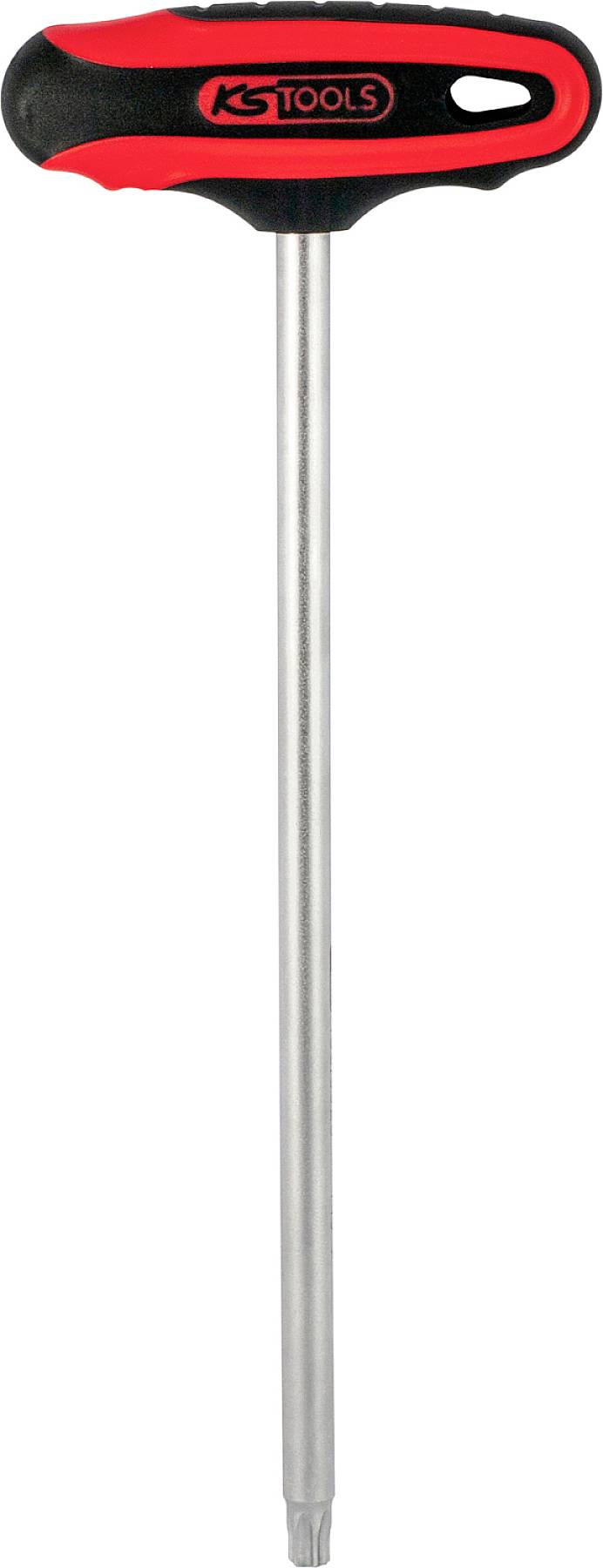 A T-handle screwdriver with a red and black grip and long metal shaft, suitable for working in hard-to-reach areas.