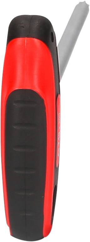 A red and black safety knife with a folded grey cutting blade.