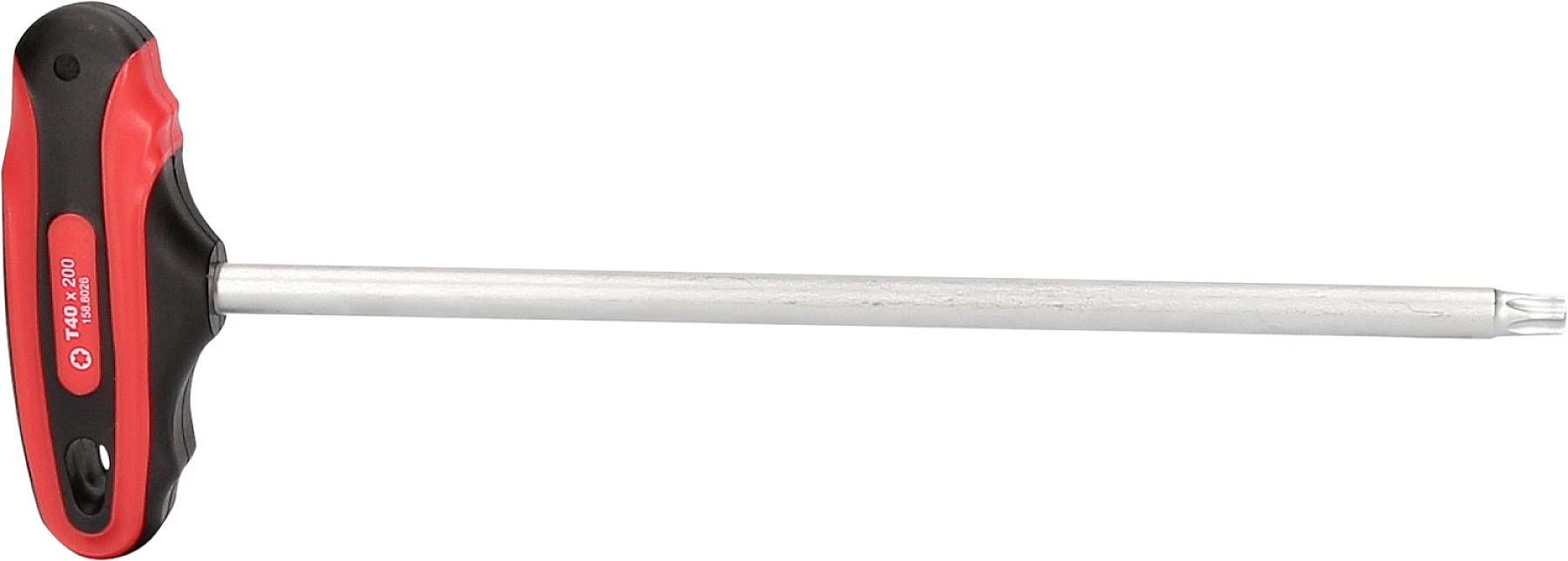 A T-handle screwdriver with a long shaft and red handle.