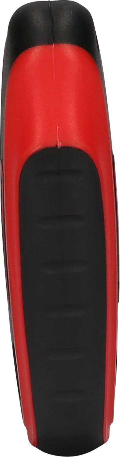 A red and black tool handle, presumably non-slip due to its textured surface, shows the grip width from the side.