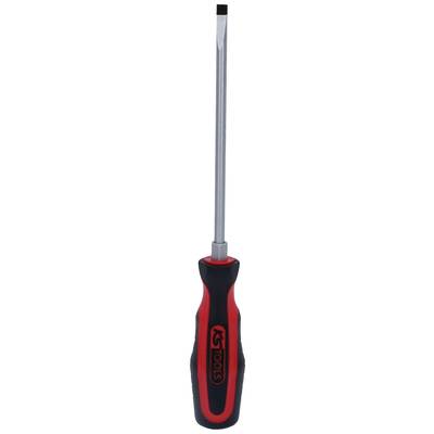 A slotted screwdriver with a red and black handle, ideal for loosening or tightening slotted screws in various materials.