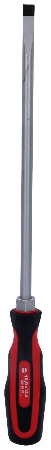 'Flat-head screwdriver with red and black handle, long metal shaft.'