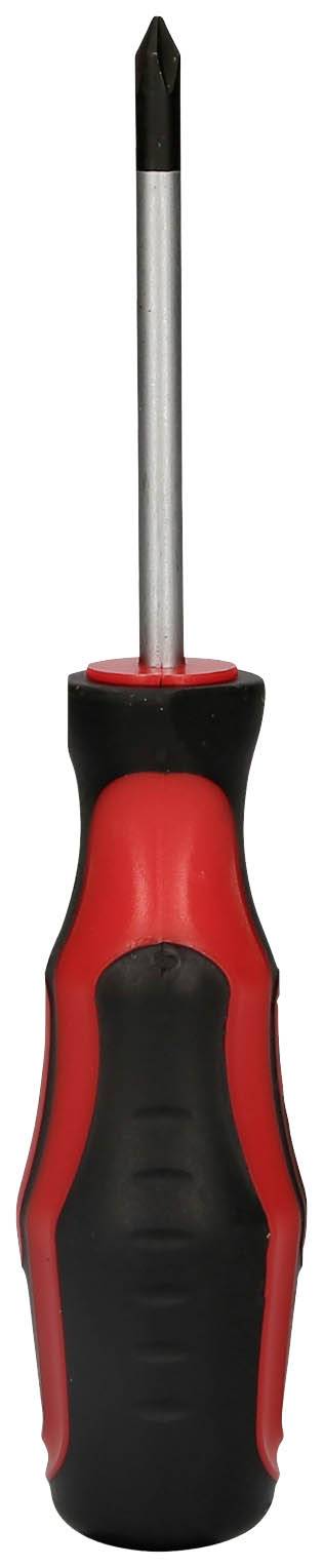 A red and black cross-head screwdriver with an ergonomic handle, standing upright.