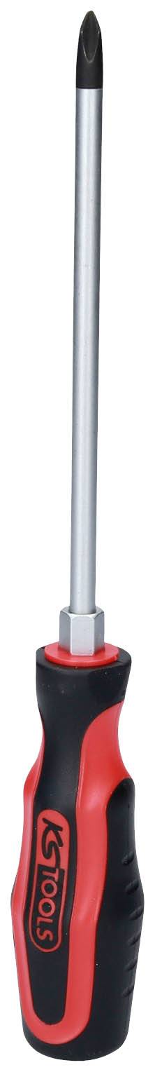 Phillips screwdriver, black and red handle, steel shaft, suitable for general screw work.