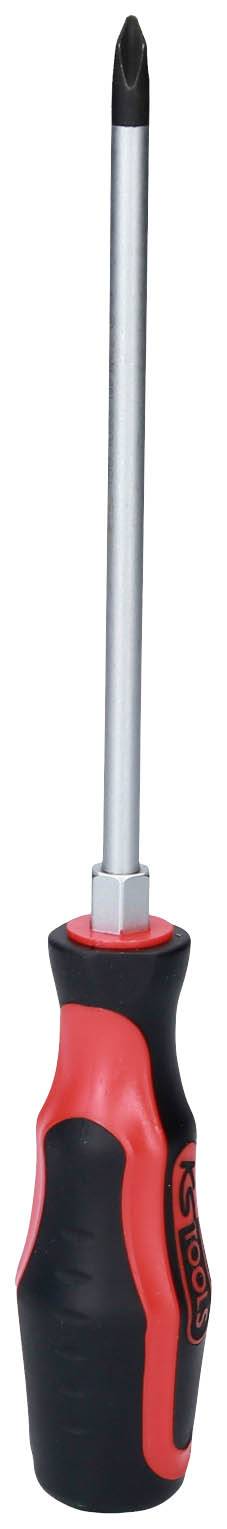 Screwdriver with a red and black handle and a long metal tip, suitable for cross-head screws.