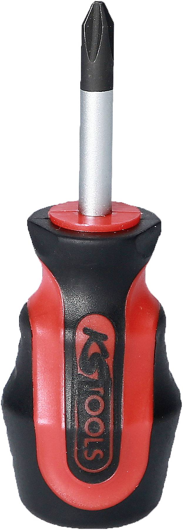 A red and black cross-head screwdriver, with an ergonomically shaped handle for better grip, standing upright.