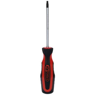 A red and black screwdriver with an ergonomic handle and a flat tip.