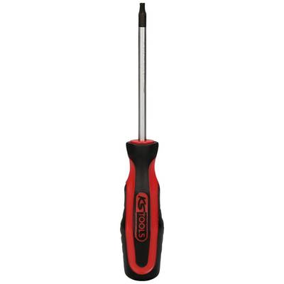 A red and black screwdriver with an ergonomic handle.