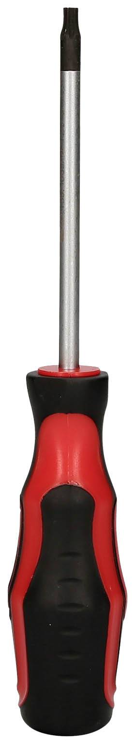 A red and black screwdriver with a long metal shaft and an ergonomically shaped handle.