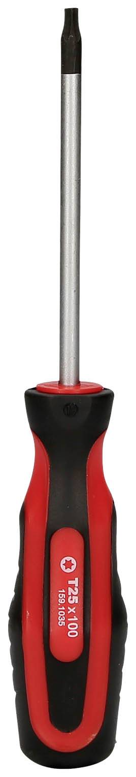 Screwdriver with red and black handle, suitable for precision work.