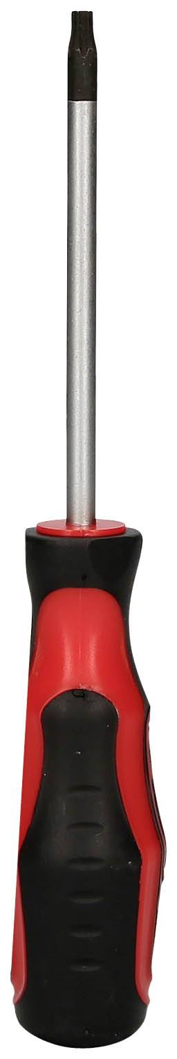 Screwdriver with a red handle and black tip, standing upright. Primarily used for craftsman work.